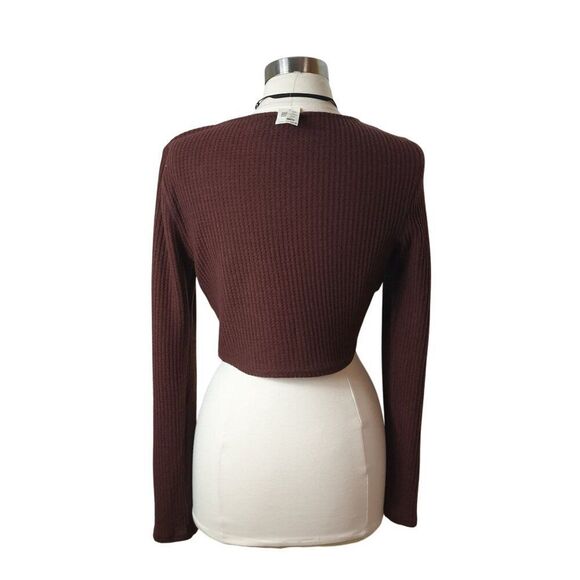 Aeropostale Womens Cropped Sweater XL Brown Ribbed Tie-Front Butter Soft Cottage - Picture 3 of 8